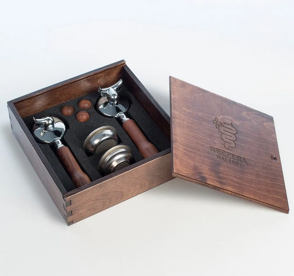 Bezzera Edelholzbox für E61 mit 1er + 2er Siebträger + Holzgriff inkl. Siebe + 3 Holzknöpfe für Dampf-, Wasser- und Kaffeebezug