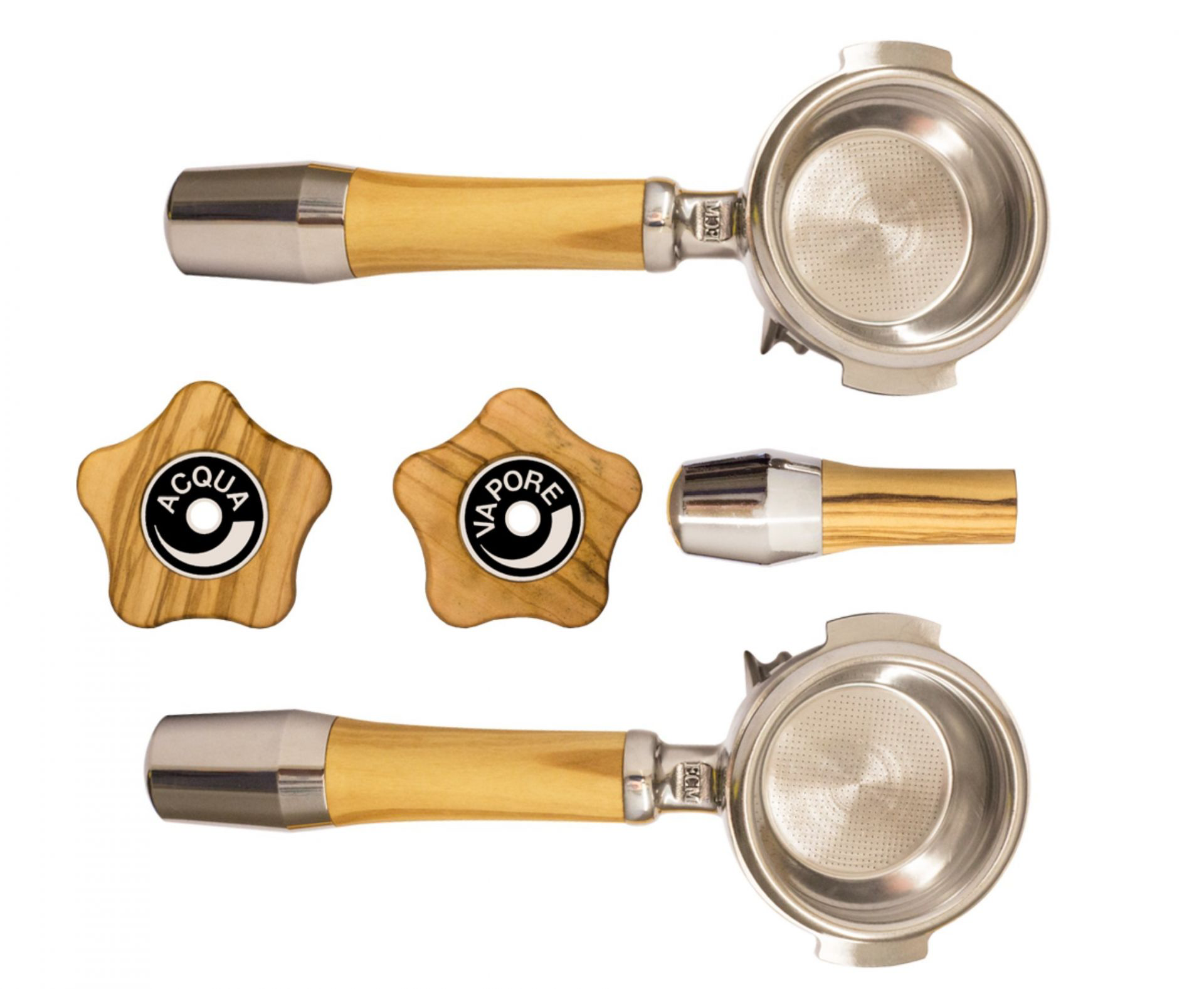 ECM Olivenholz-Set mit Edelstahl Filterträgern und Drehventilen