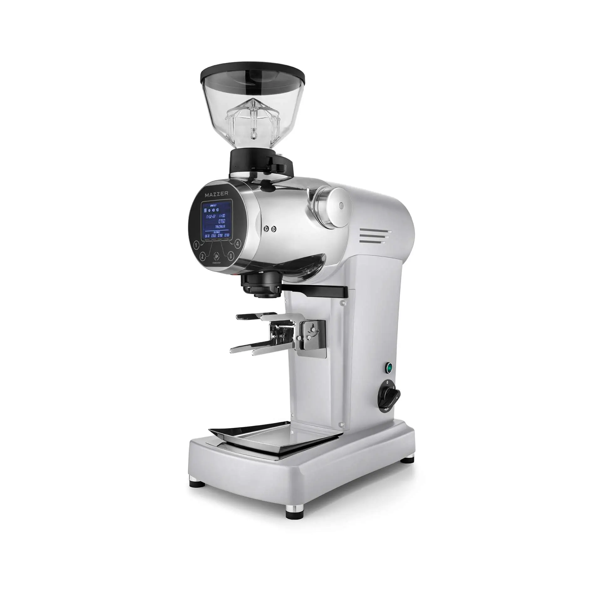 Mazzer-ZM-Plus-Silber-Schraegansicht-vorne